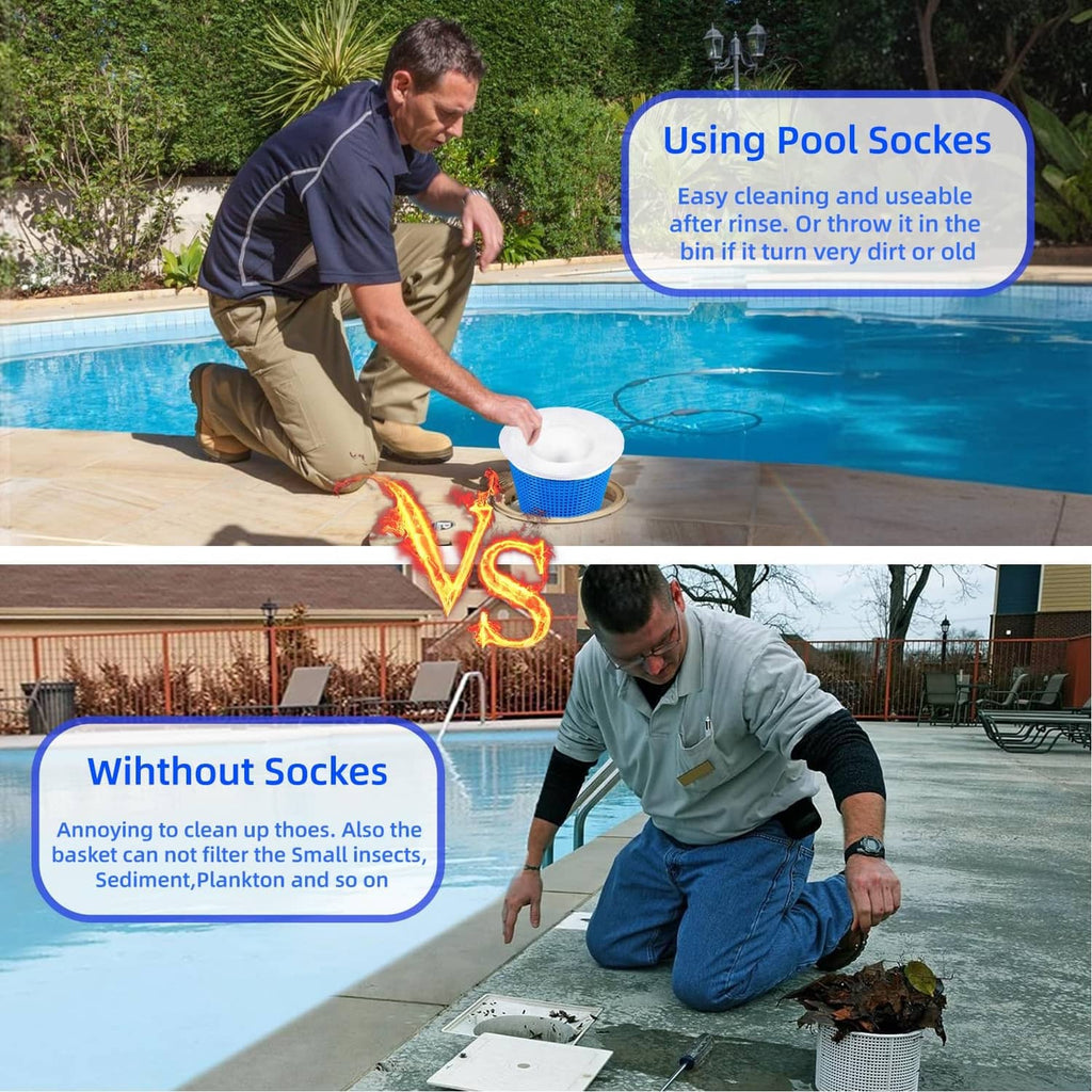White pool skimmer sock filter being placed onto a blue pool net basket