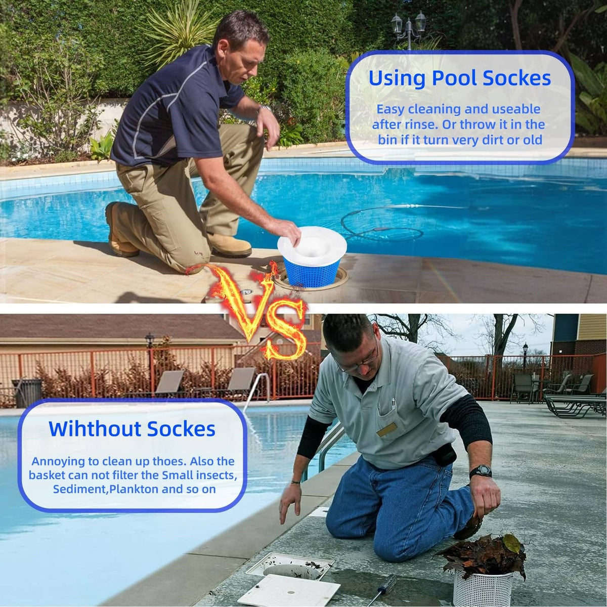 White pool skimmer sock filter being placed onto a blue pool net basket