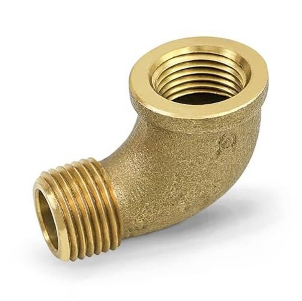 Brass 90-degree street elbow fitting close-up of internal and external threads