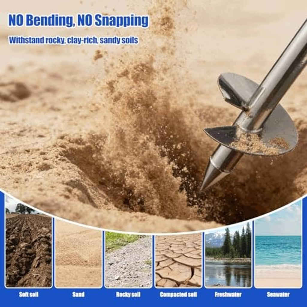 Stainless sand anchor auger blade digging into wet sand with spray