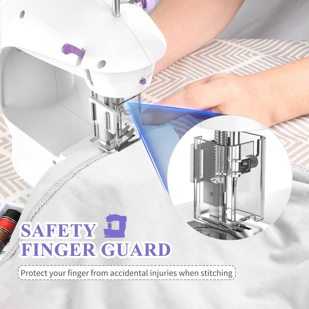 White sewing machine with finger guard over presser foot while stitching fabric