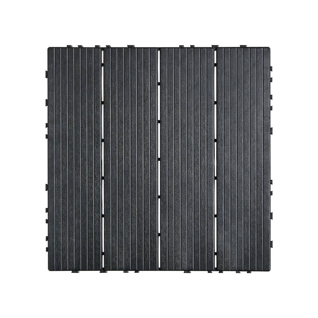 Dark grey interlocking deck tile panel with parallel ribbed surface and connector strips