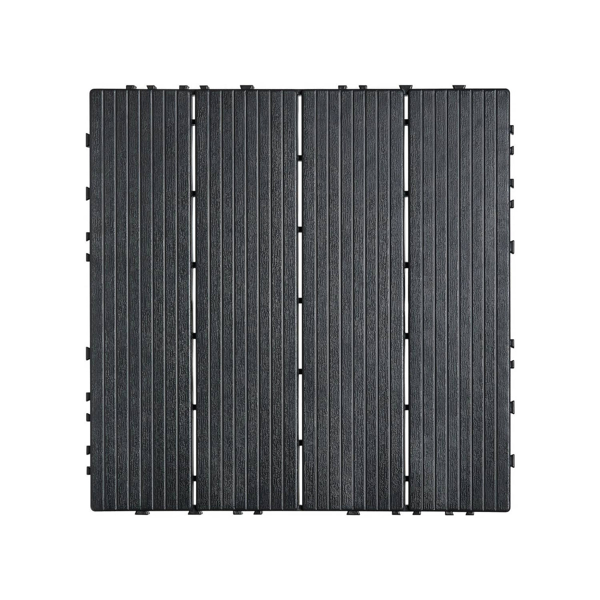 Dark grey interlocking deck tile panel with parallel ribbed surface and connector strips