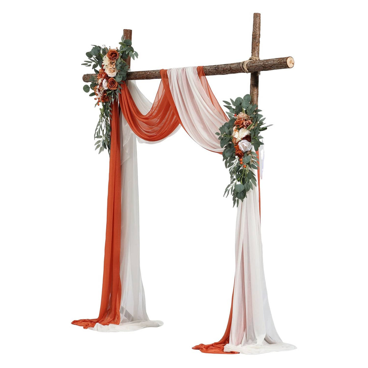 Artificial wedding arch kit with wooden cross, orange and white drapes, and floral greenery
