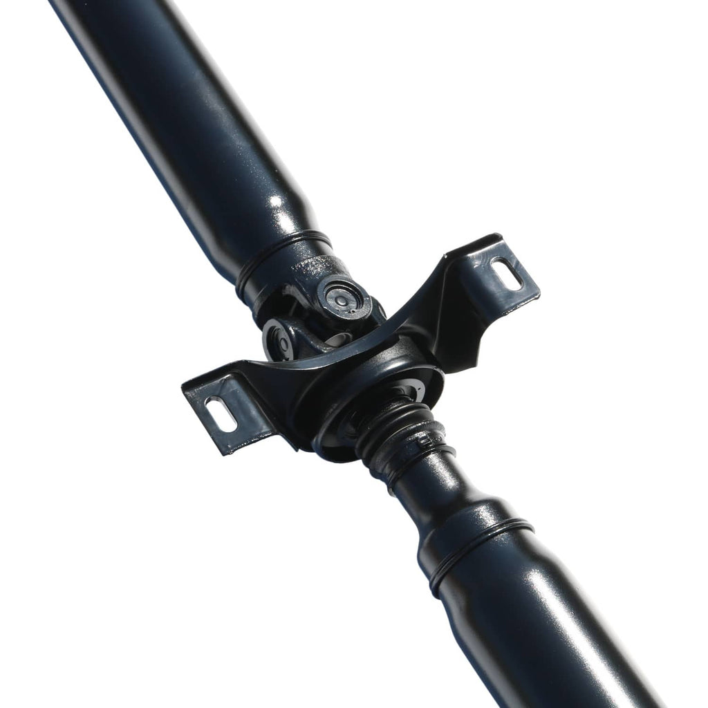 Rear drive shaft with universal joint yoke and mounting brackets, black metal finish