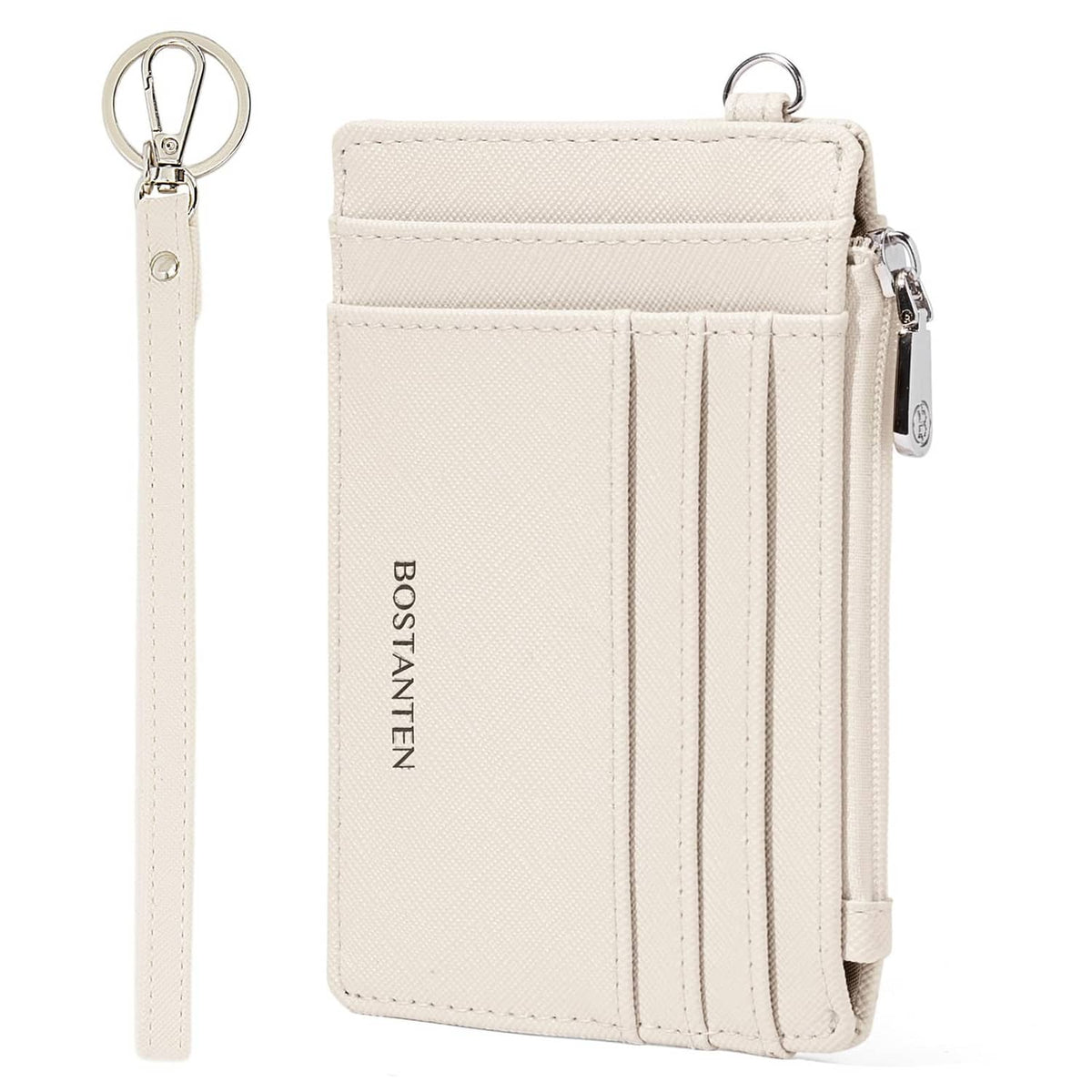Beige small leather wallet with wrist strap, zip pocket and card slots