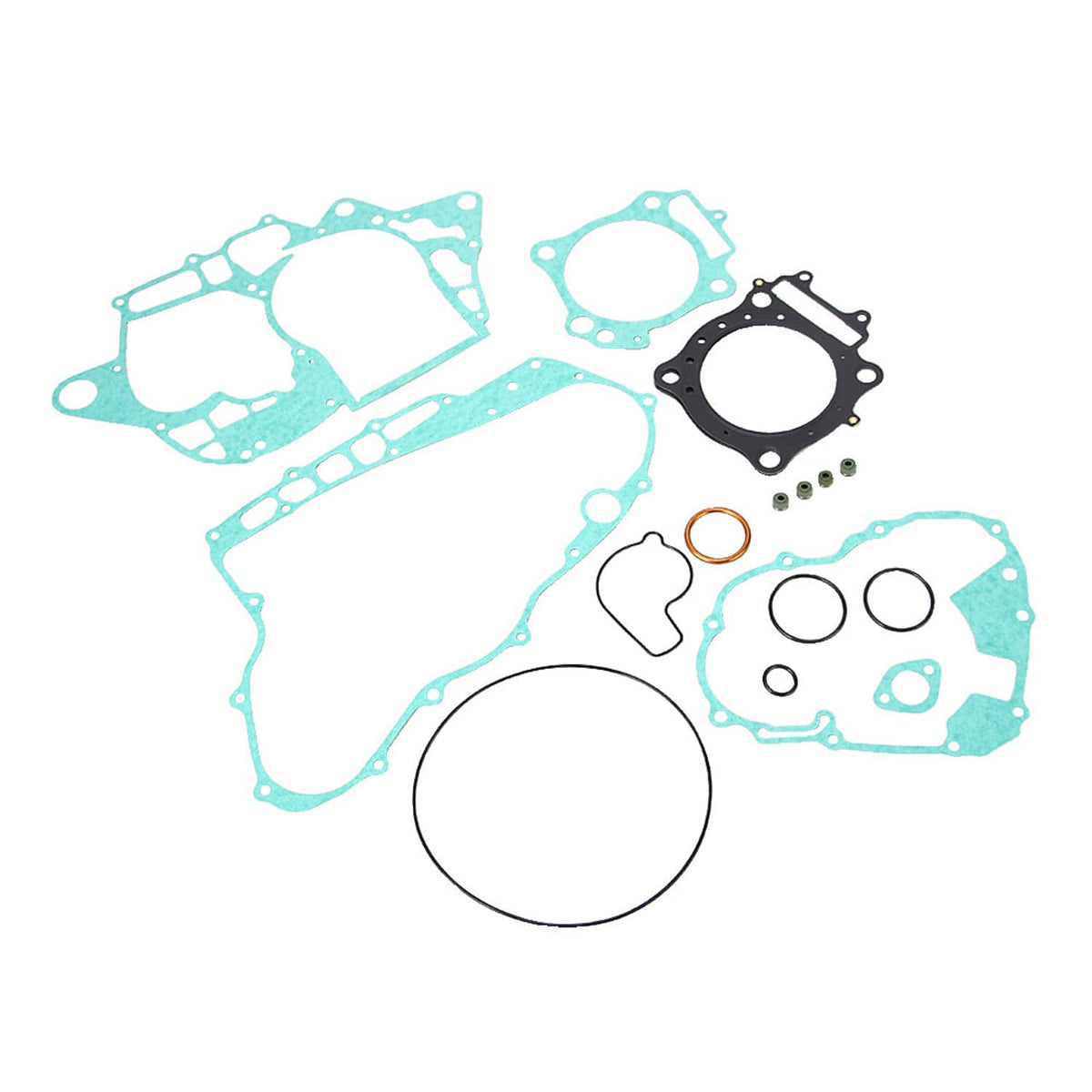 Cylinder head gasket set with blue gasket parts, black gasket plate, and copper seal
