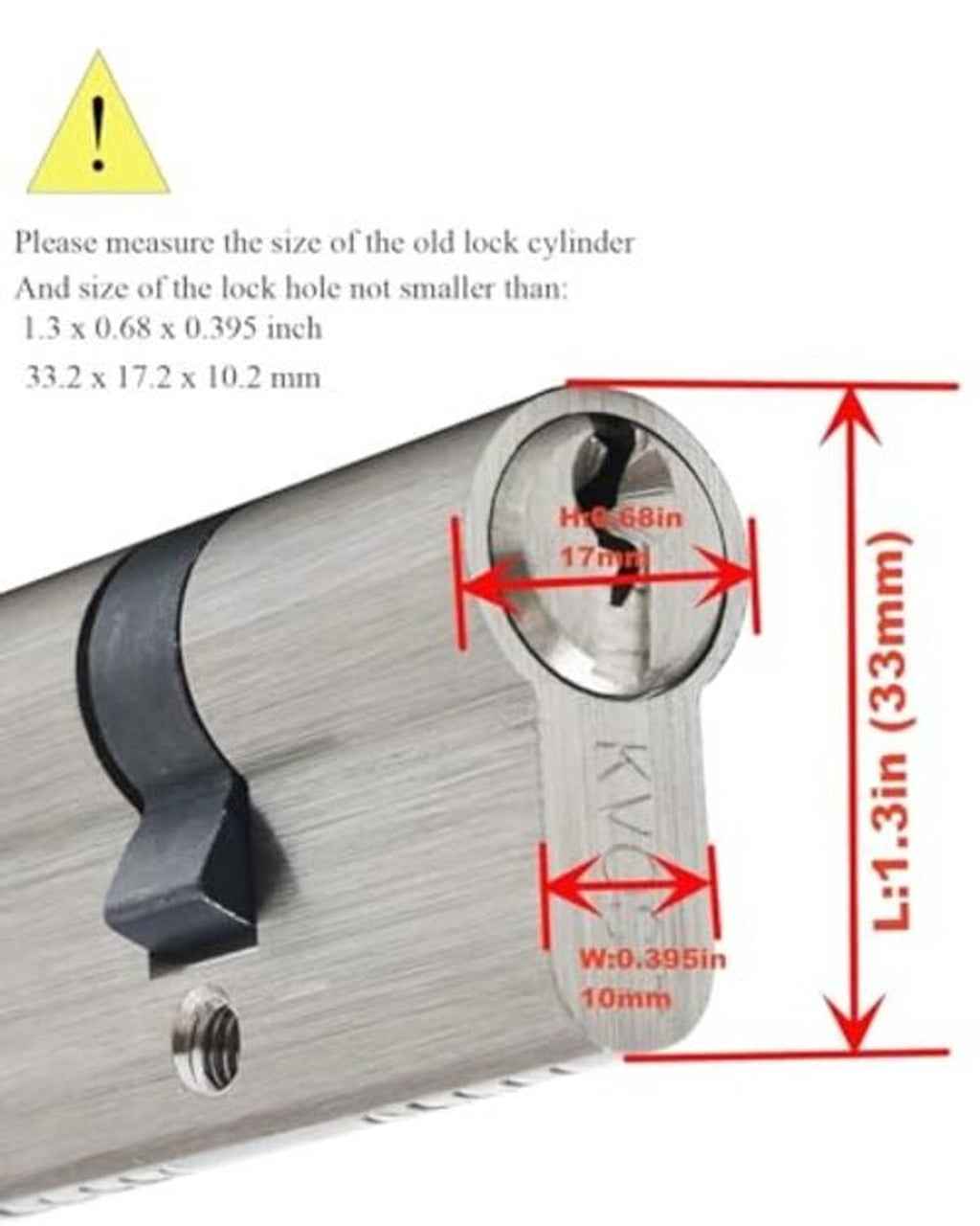 Lock cylinder cutaway with size measurements and keyway dimensions