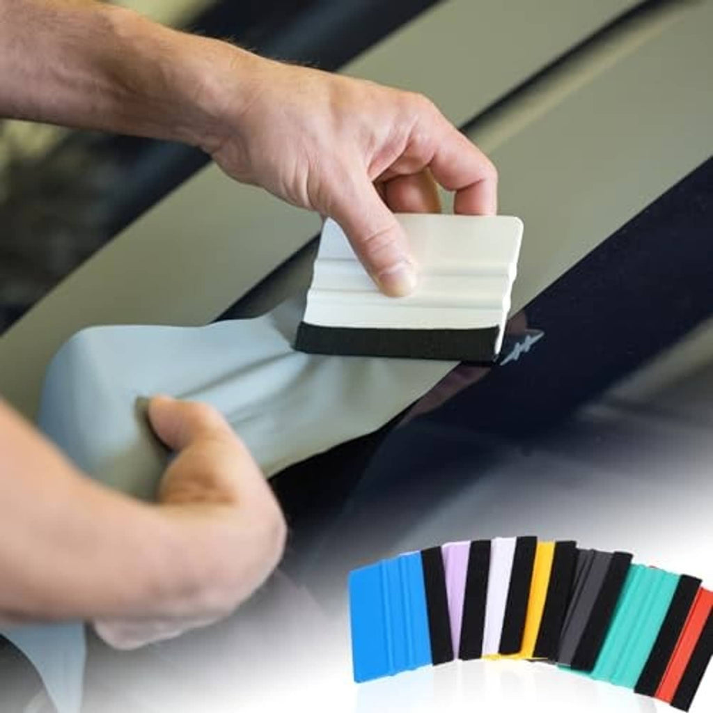 Vinyl squeegee with felt edge in hand, plus multi-color set display at bottom