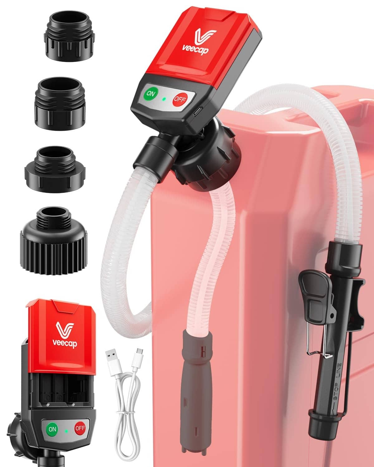 Red and black electric fuel transfer pump with auto-stop nozzle and white hose