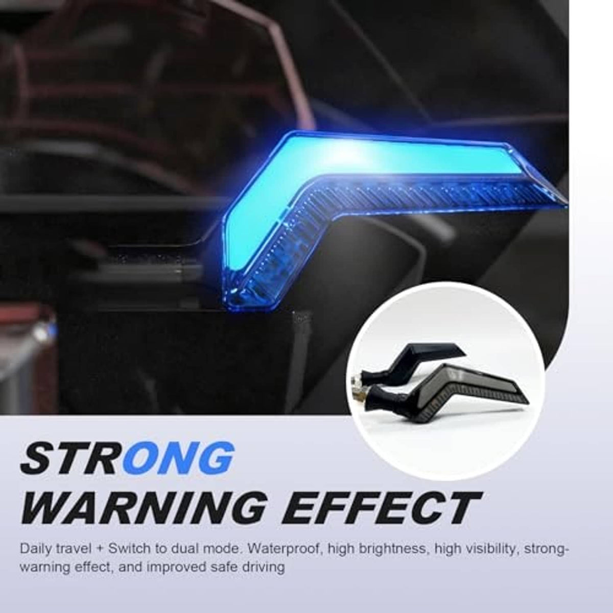 Blue LED motorcycle turn signal light with black housing and strong warning glow effect