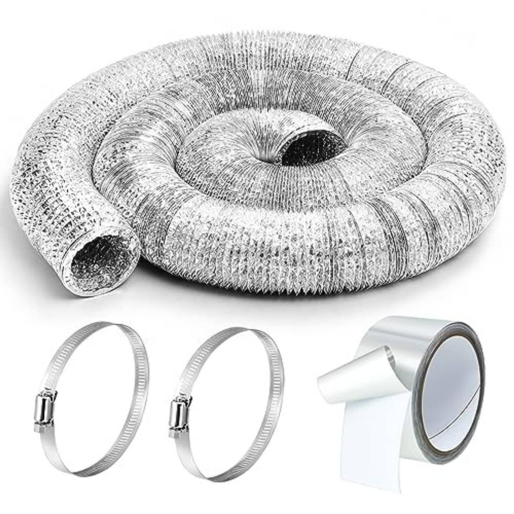 Silver flexible aluminum foil dryer vent hose coil with clamp rings and vent adapter