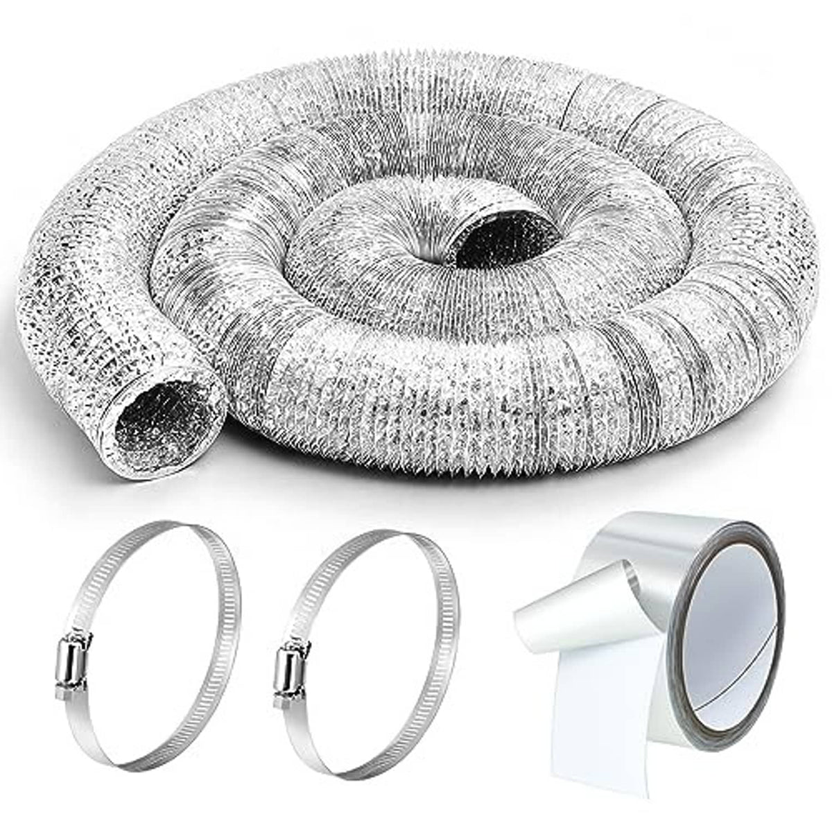 Silver flexible aluminum foil dryer vent hose coil with clamp rings and vent adapter