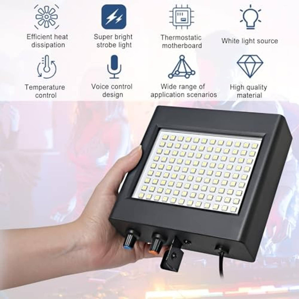 Black LED strobe light held in hand, showing white LED matrix and side ports