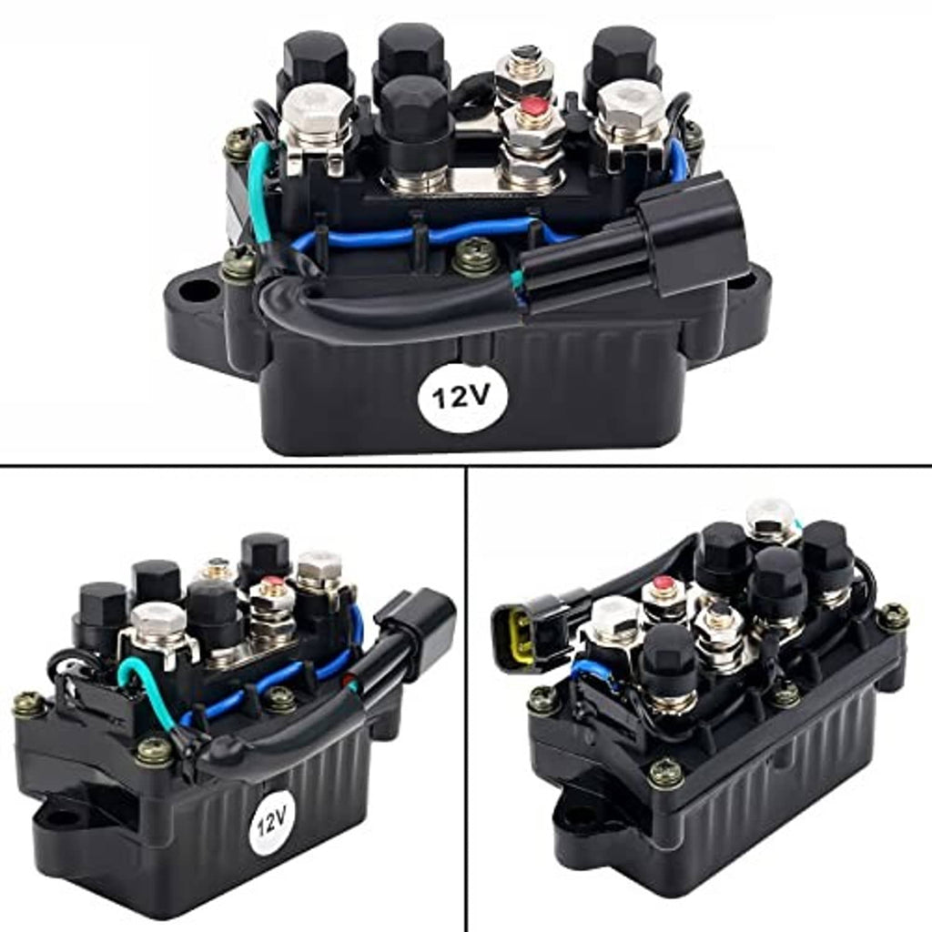 12V outboard relay assembly shown from multiple angles, black housing and blue wiring