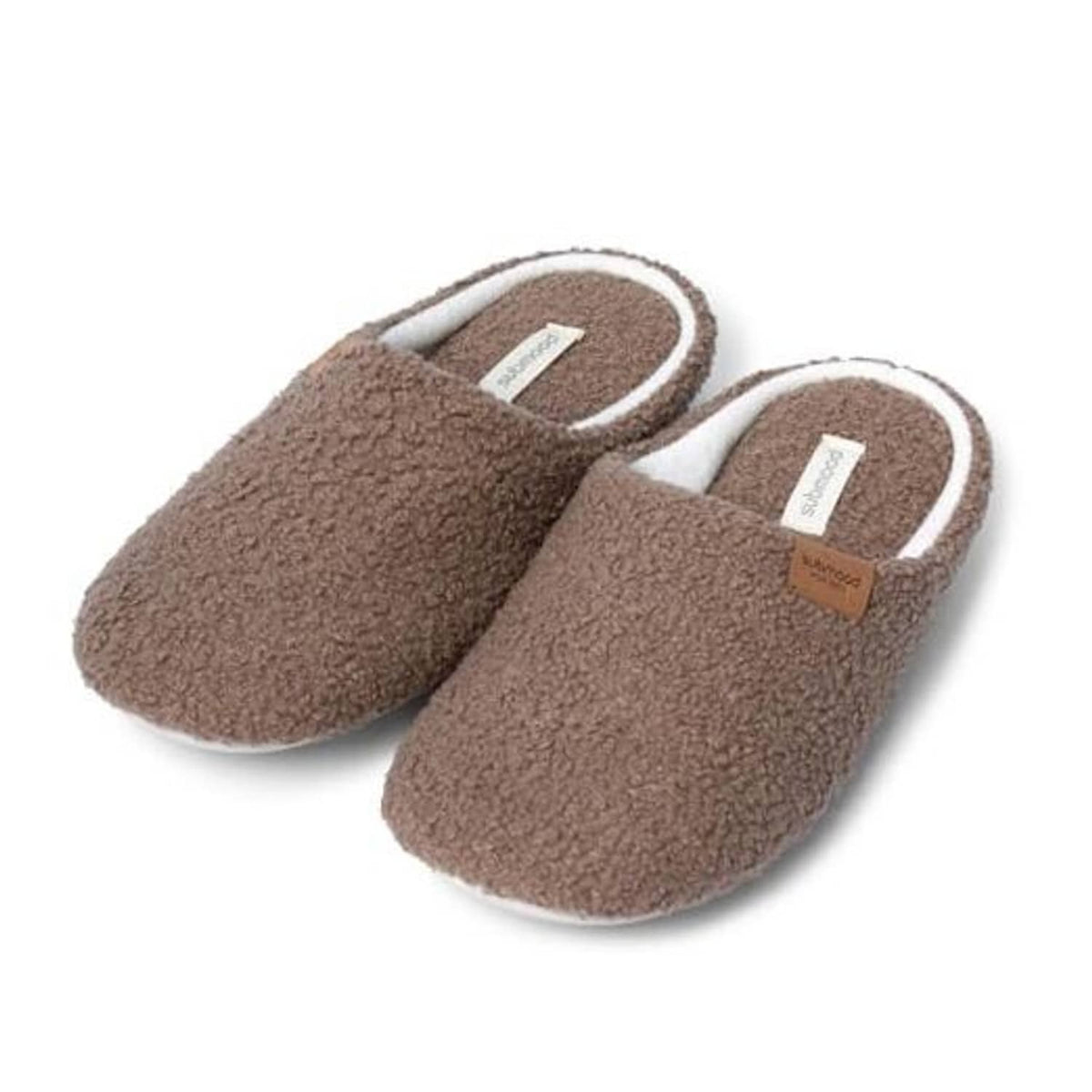 Pair of brown plush slip-on house slippers with white trim and cushioned interior