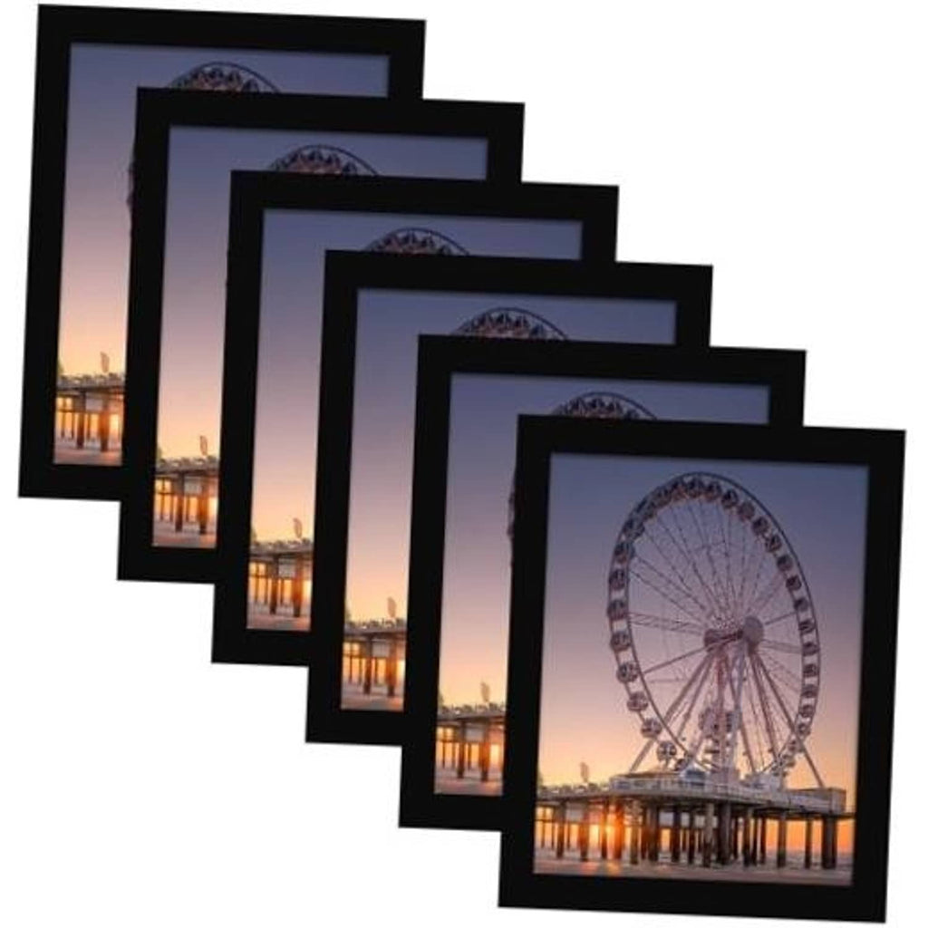 Set of six black 8x10 photo frames with glass front for wall display