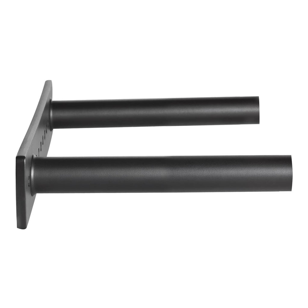 Heavy-duty floating shelf bracket set with two dark metal support arms and back plate