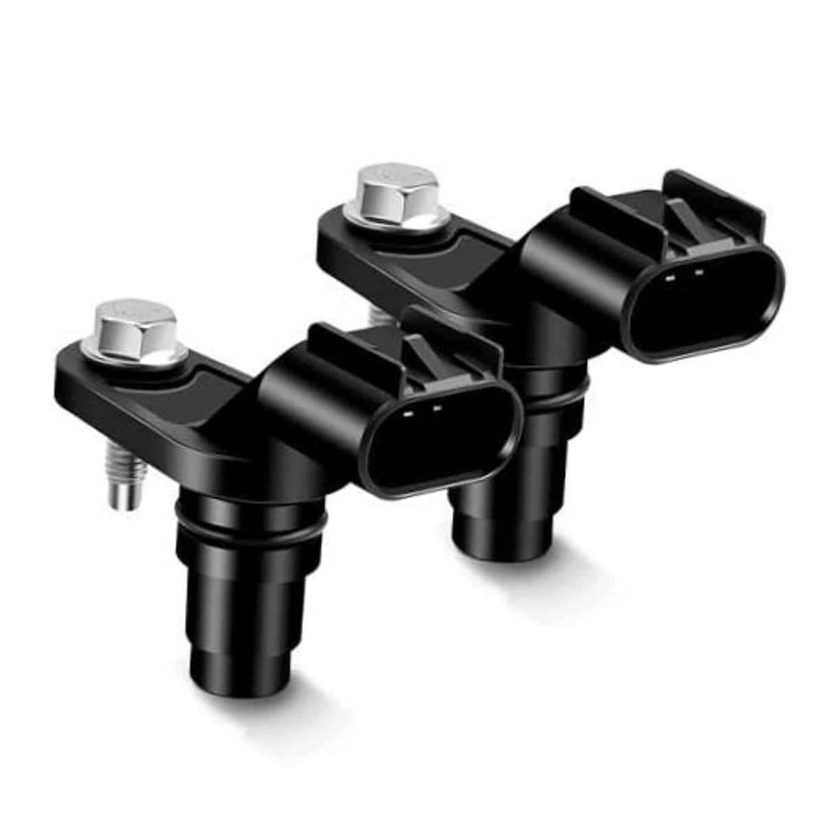 Black camshaft position sensor with two electrical ports and hex mounting bolts