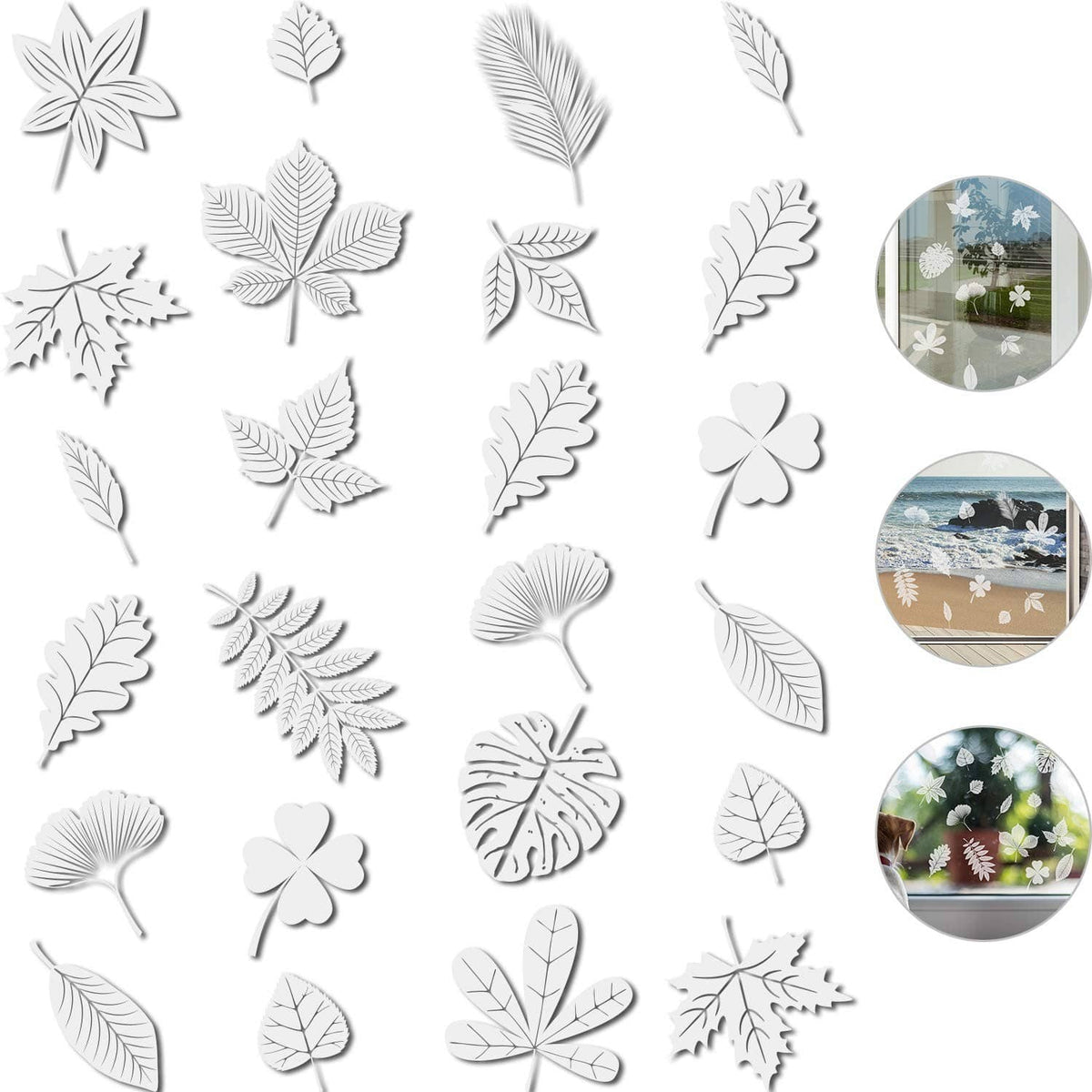 Leaf window cling stickers set, assorted white leaf shapes for bird deterrence