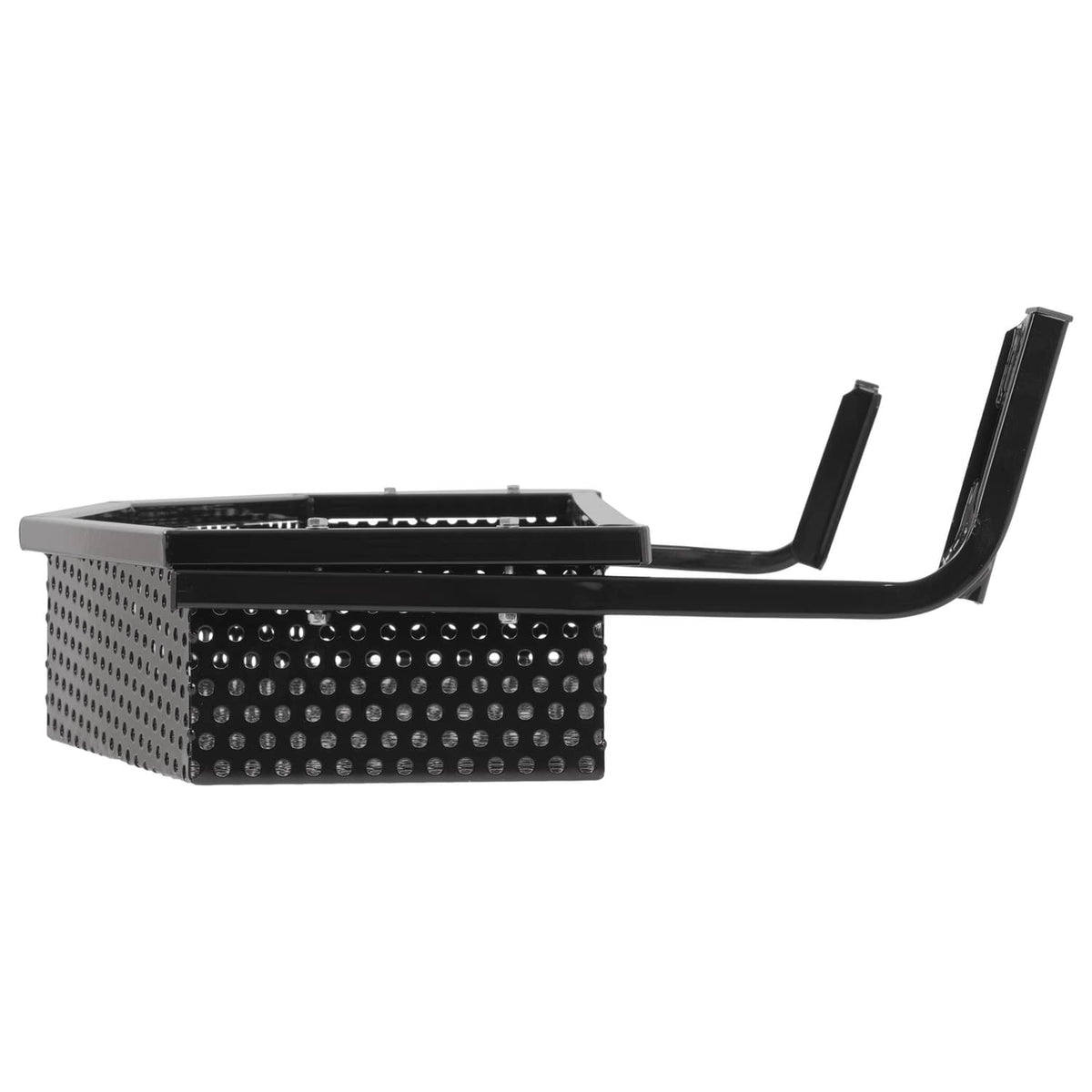 Perforated metal cargo basket with front support rails and mounting bracket posts