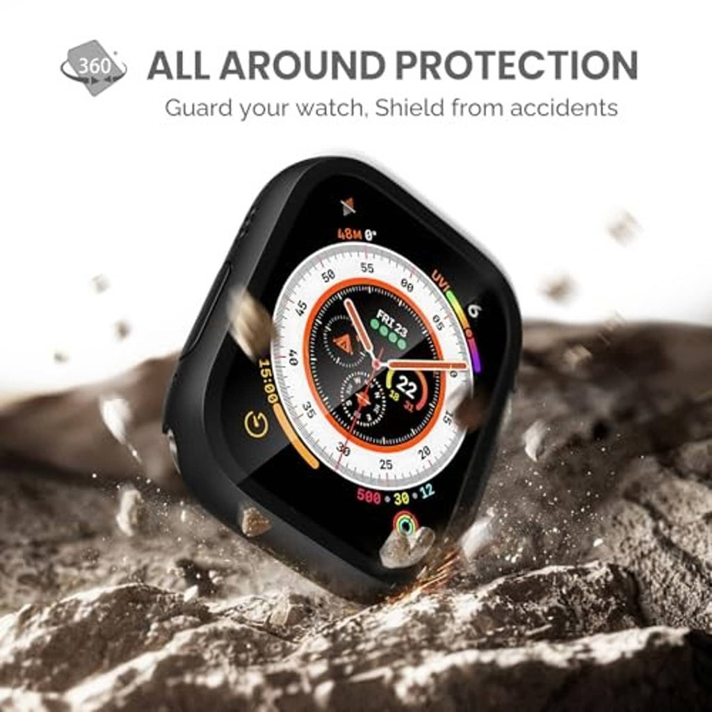 Black all-around protective smartwatch case with tempered-glass screen and button cutouts