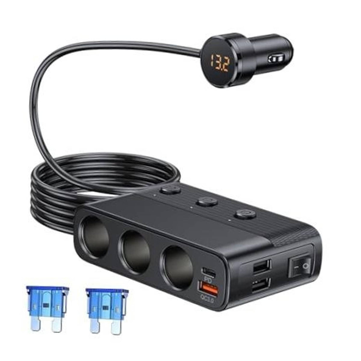 Car cigarette lighter splitter adapter with 3 sockets, USB QC ports, LED voltmeter