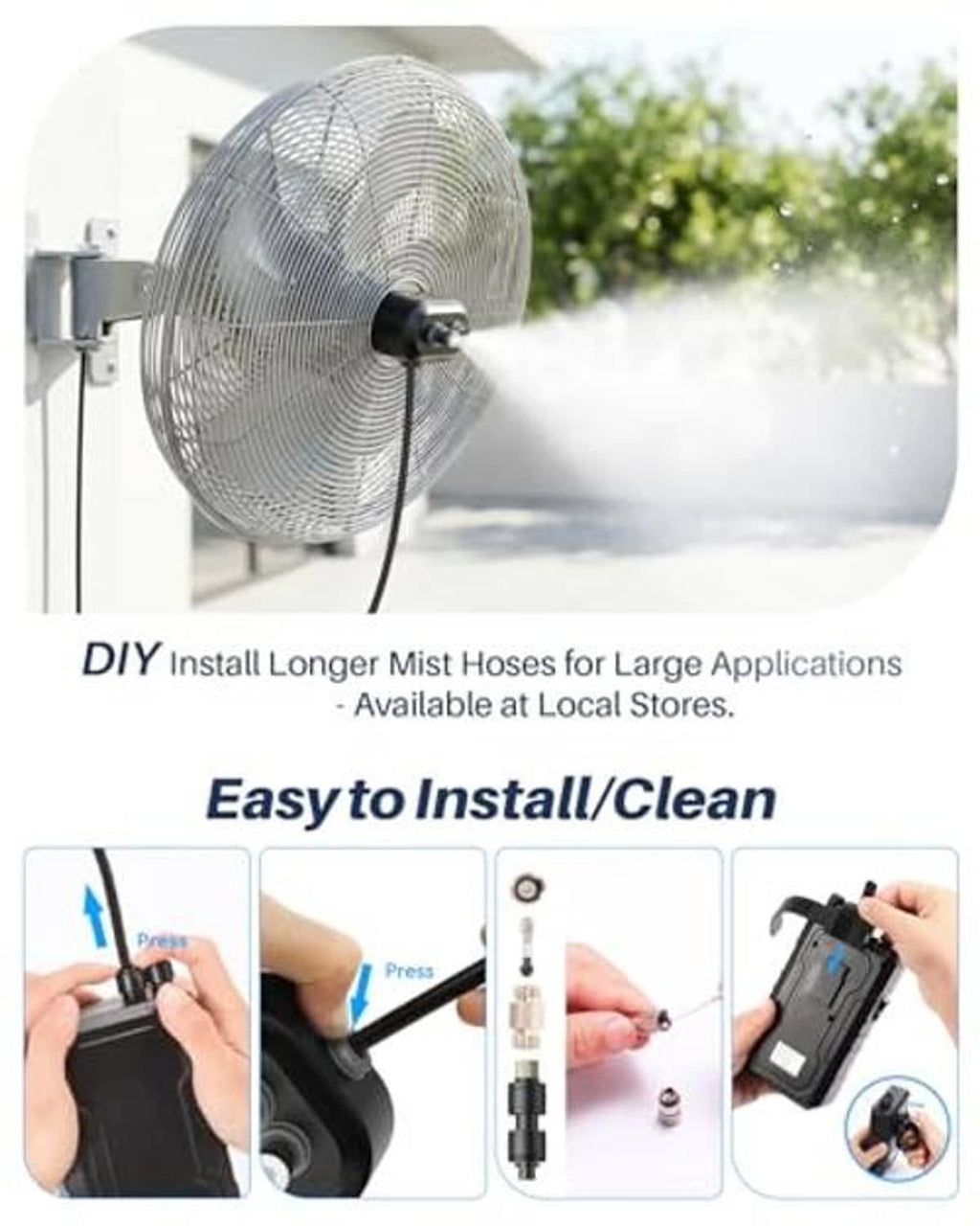 Misting fan system with mist hose, pump module, and DIY install connectors
