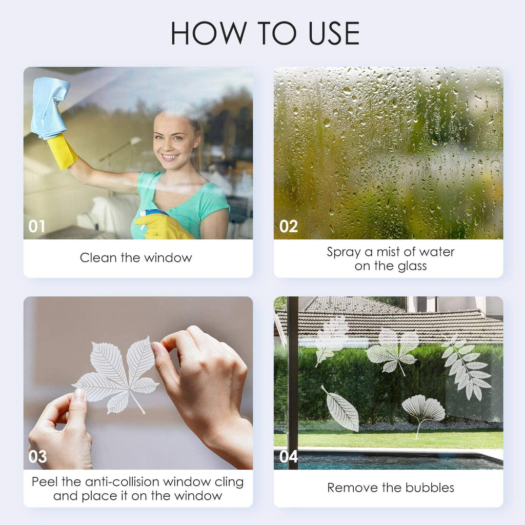 Hand applying leaf window cling stickers on glass