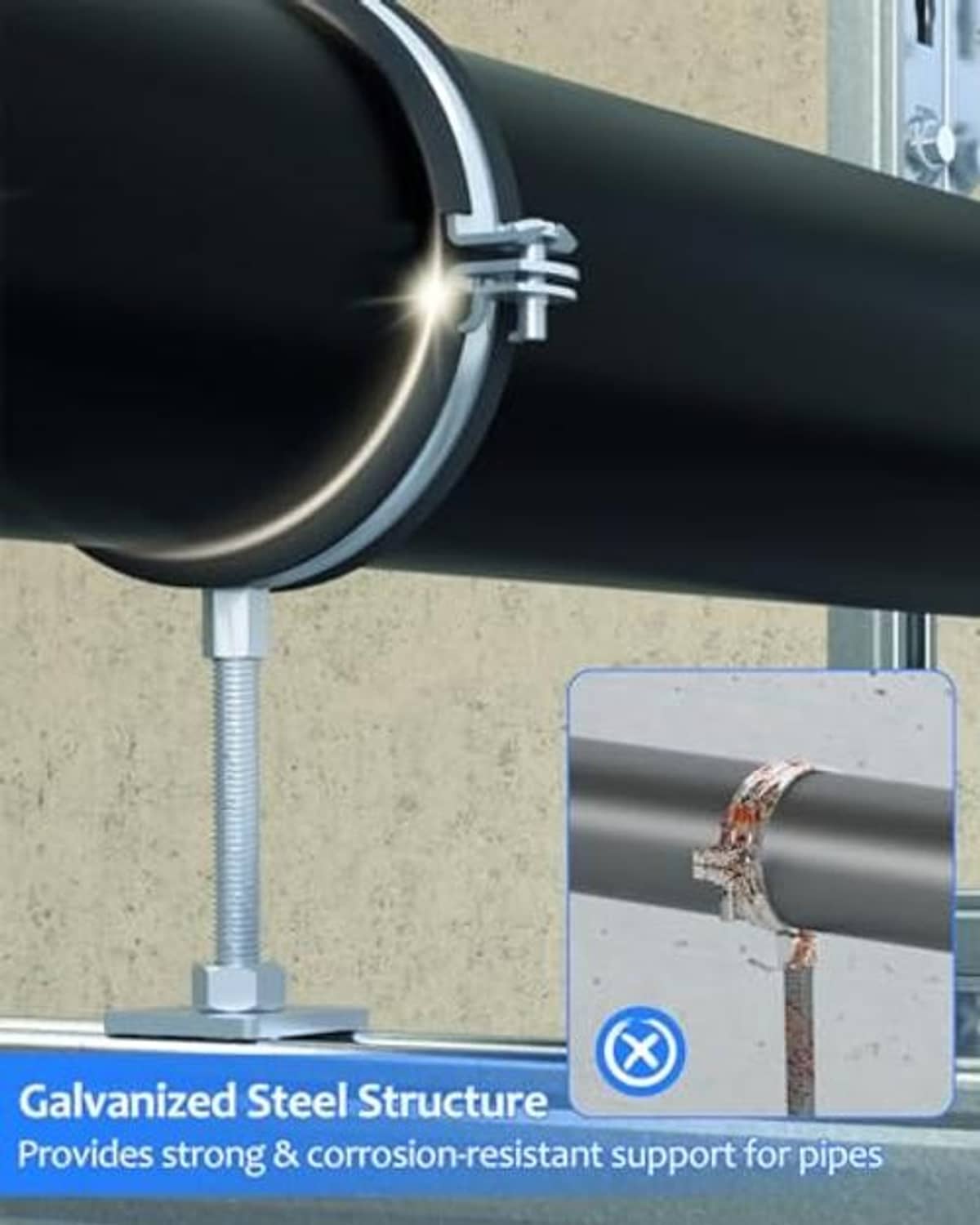 Adjustable split-ring pipe hanger with black anti-slip mat and galvanized steel stand
