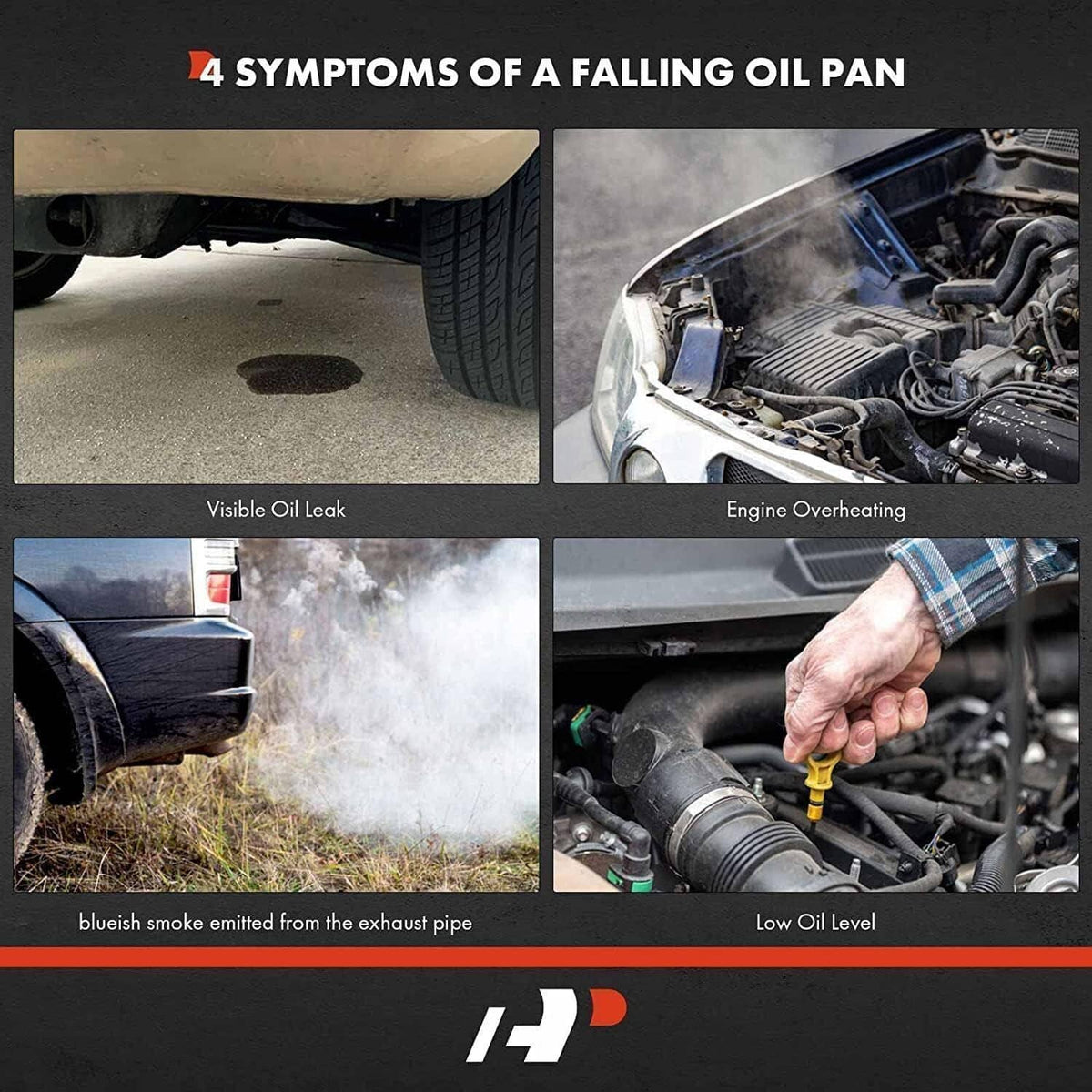 Transmission oil pan symptoms infographic showing oil leaks and overheating