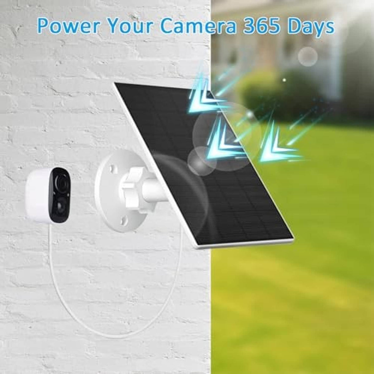 Outdoor solar panel charger with white wall mount and cable connected to a compact security camera