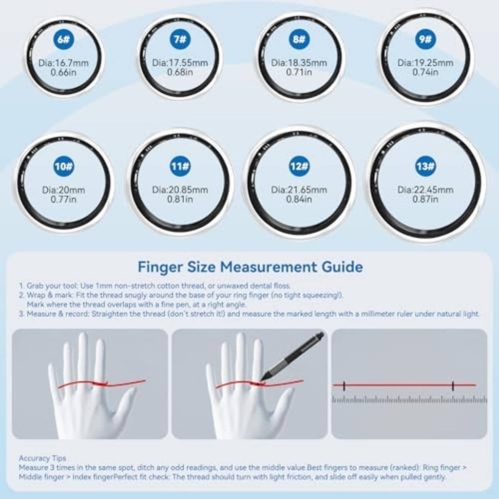Silver-tone smart ring size guide circles showing multiple diameter options