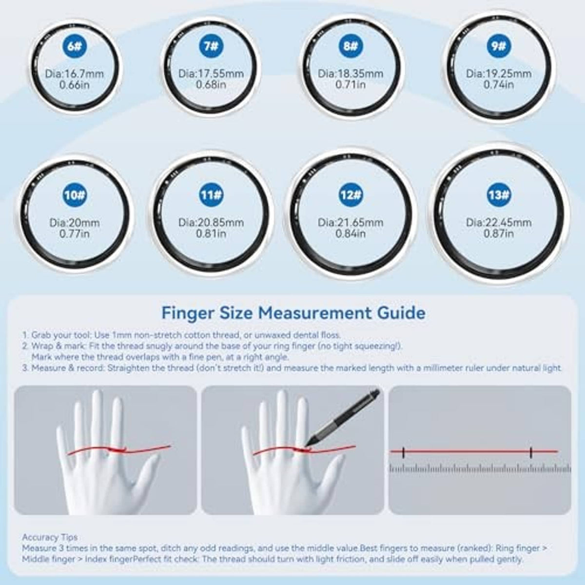 Silver-tone smart ring size guide circles showing multiple diameter options