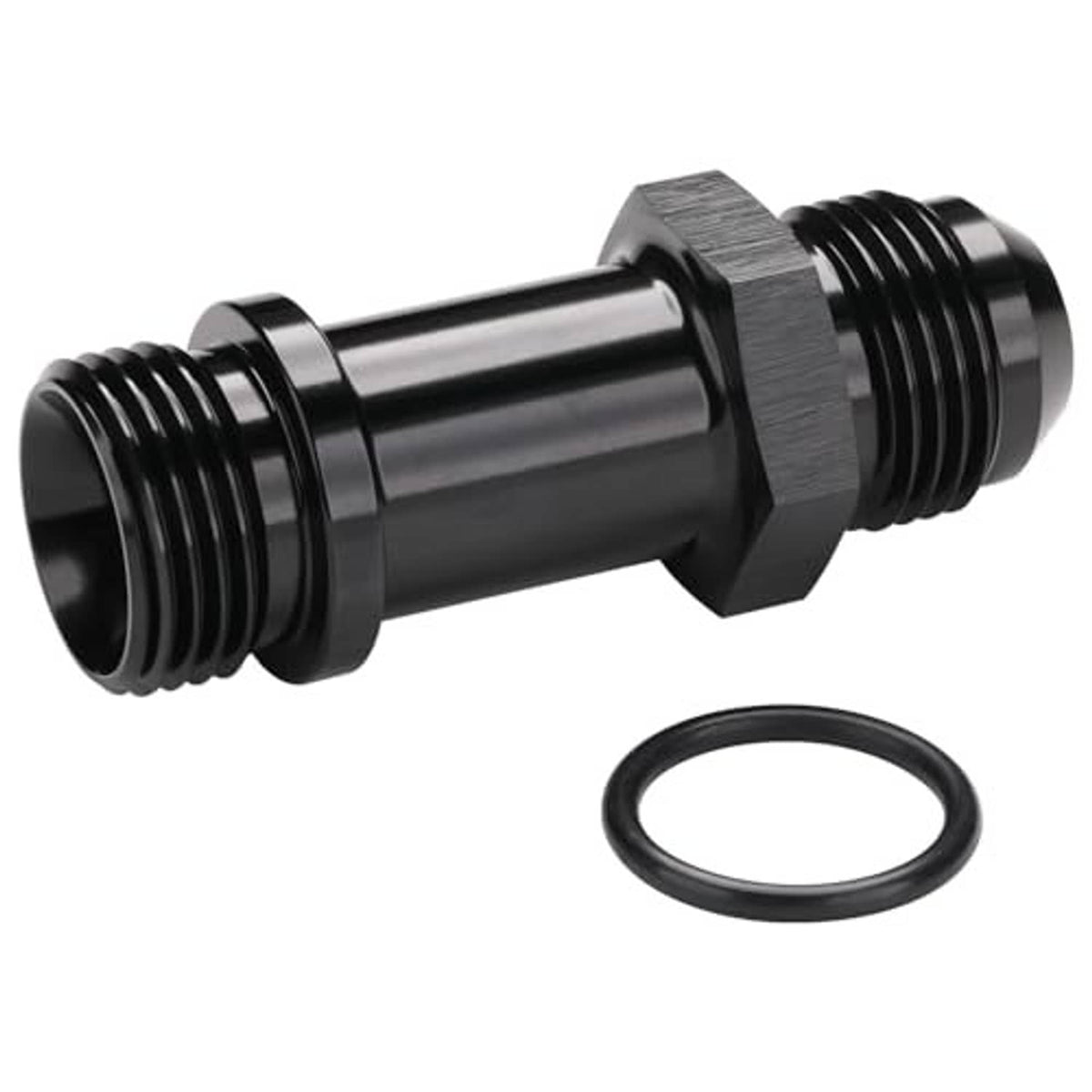 Black AN flare-to-ORB extension fitting with O-ring, opposite side view