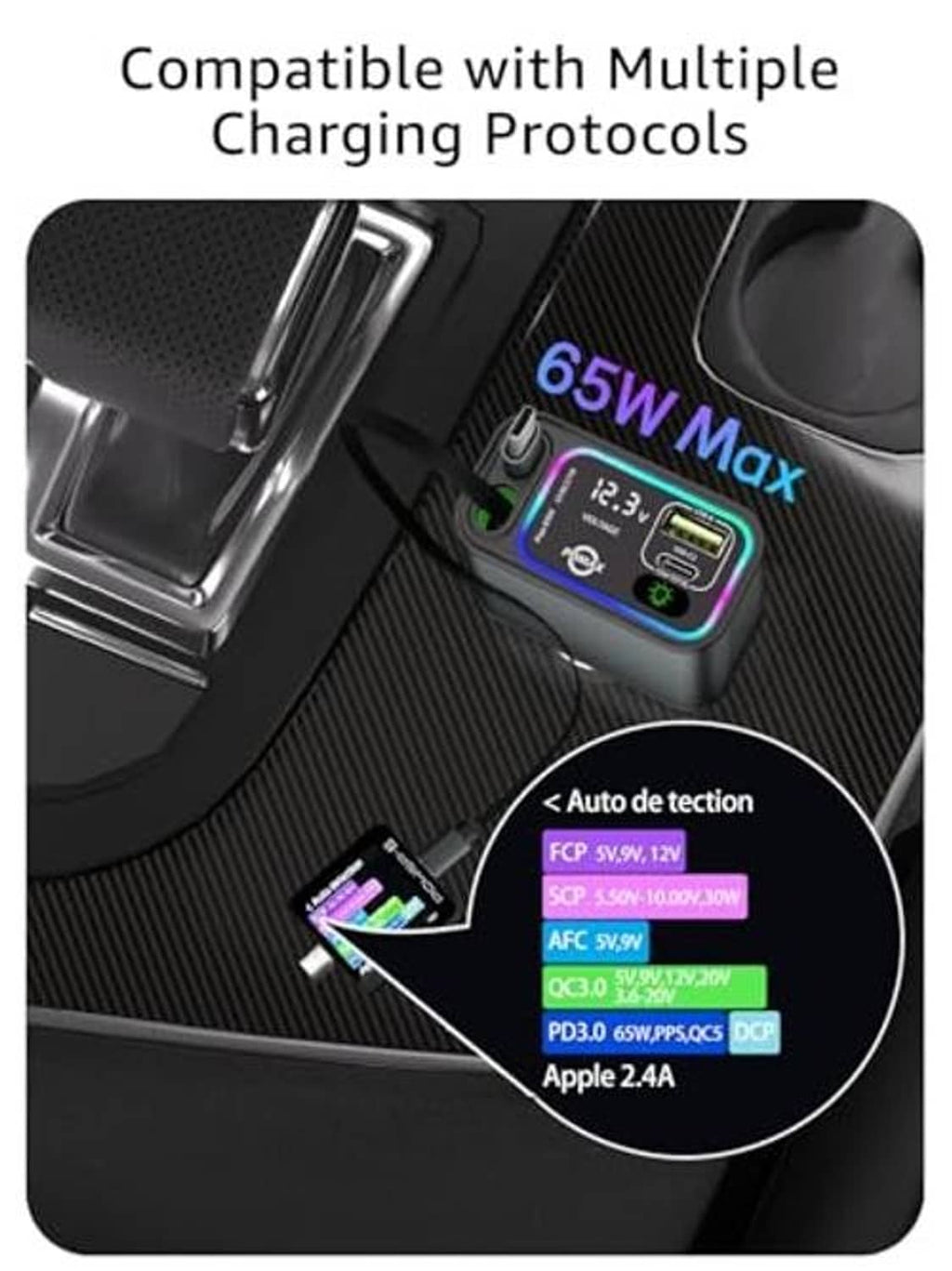 Retractable car USB-C charger with LED display and two USB-C charging connections