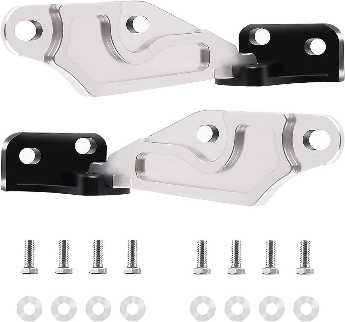 Hood quick release hinge latch set, two silver brackets with black ends and screws