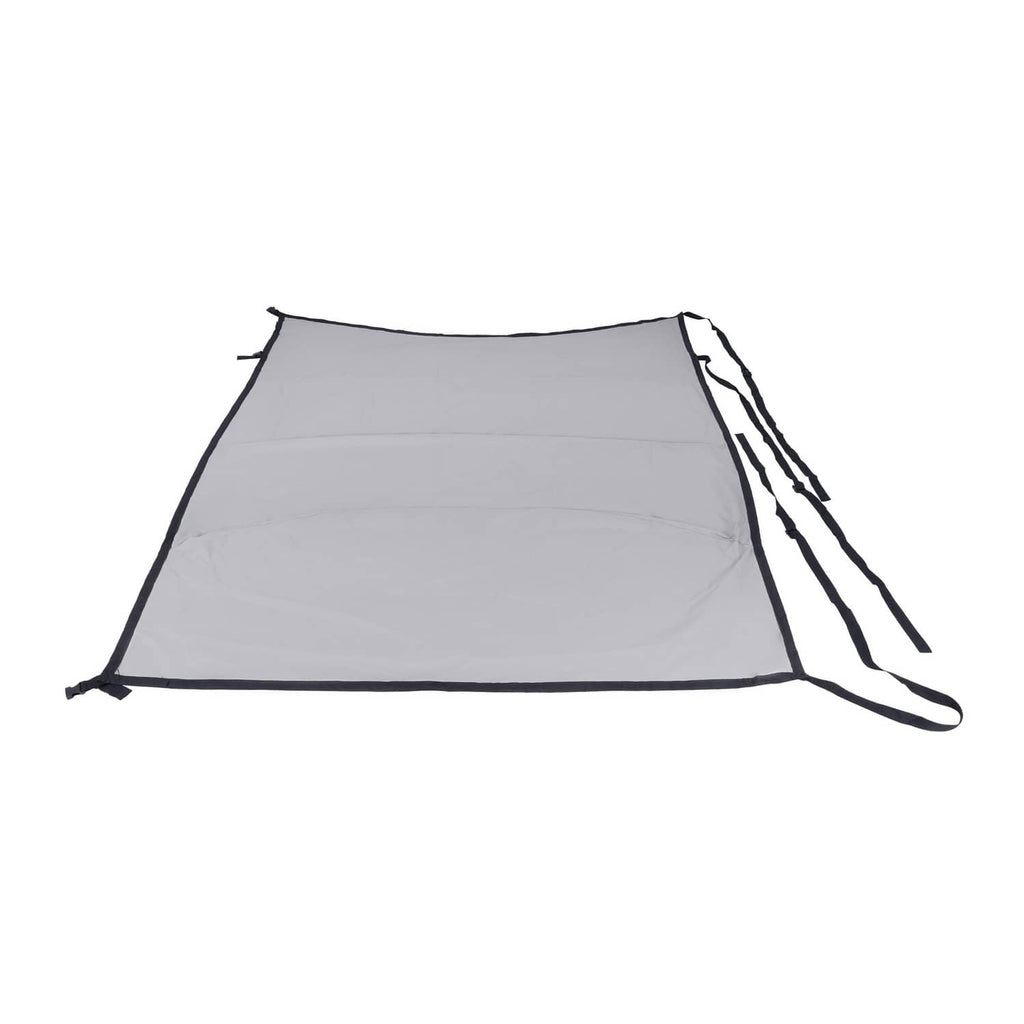 Grey aircraft cabin and windshield cover with black trim and securing straps