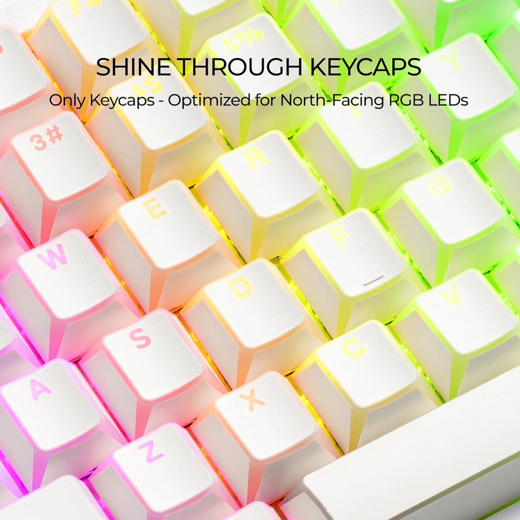 White shine-through keycaps with colorful RGB glow and molded legends