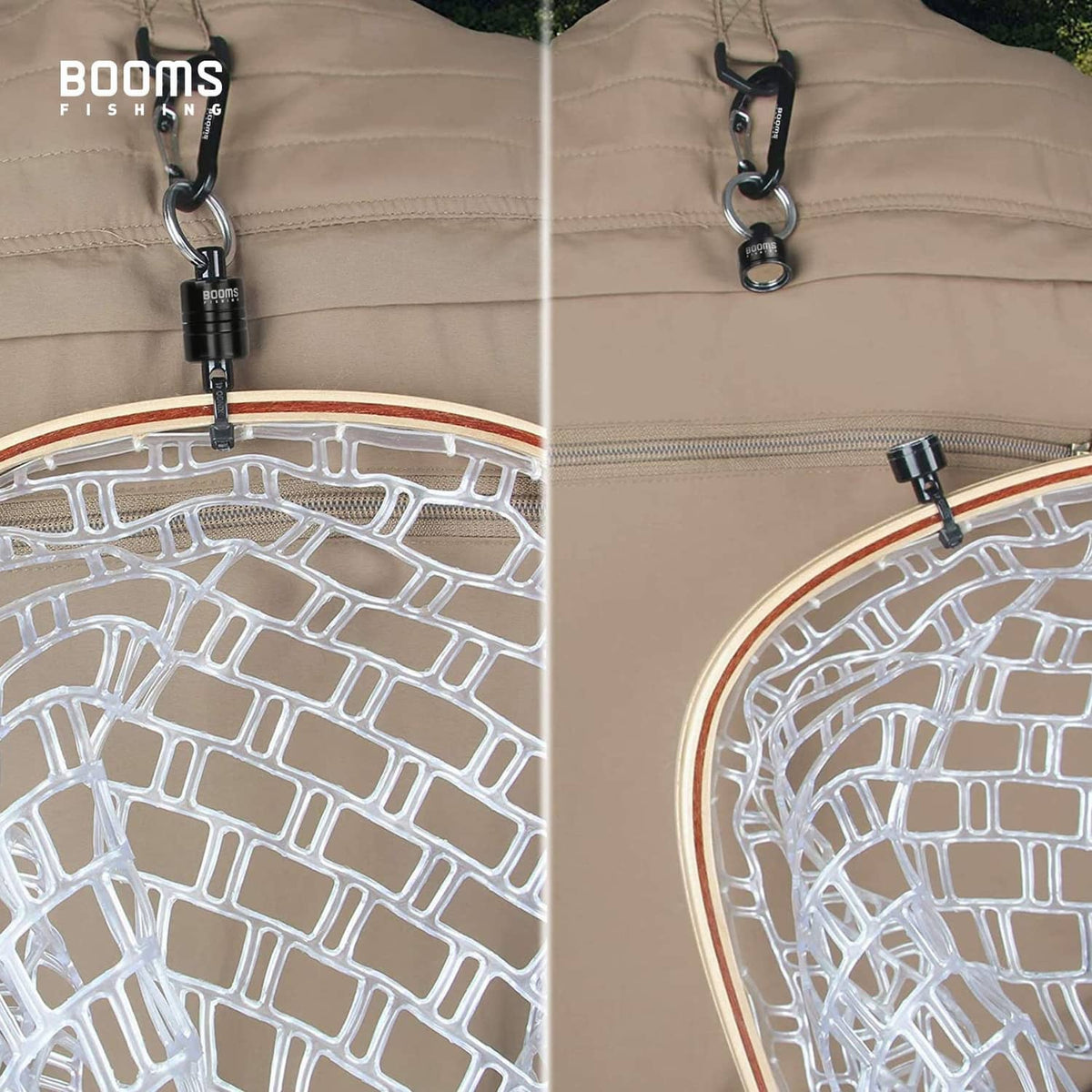 Magnetic net release holder on beige bag with carabiner hook and metal ring