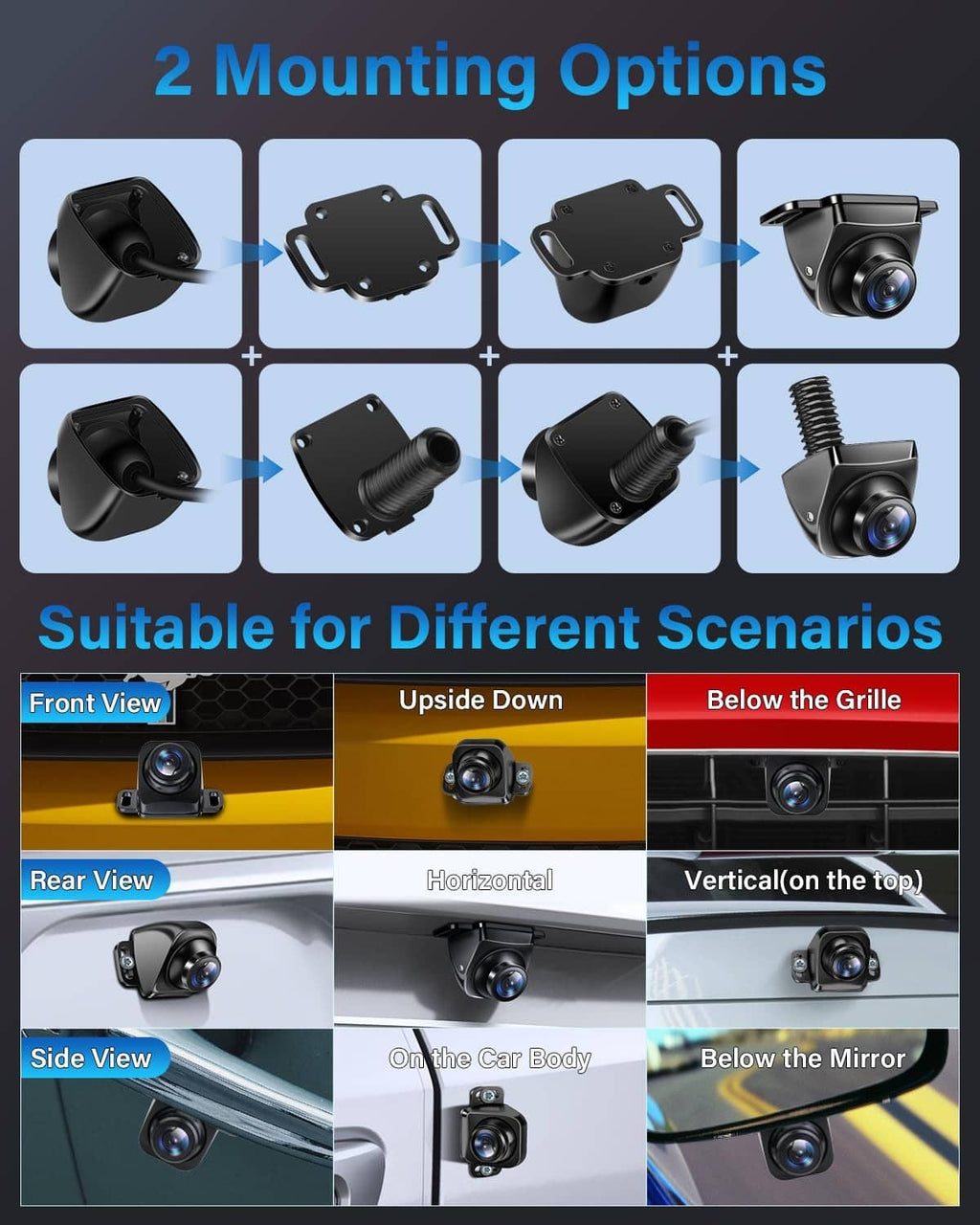 Car backup camera with multiple mounting options and different install orientation views