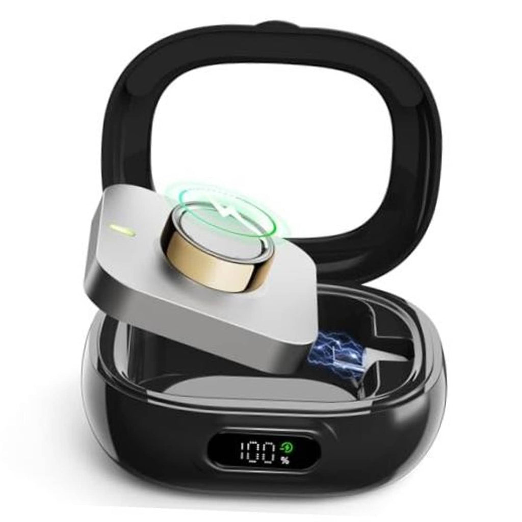 Black wireless charging case with open ring cradle and LED power display