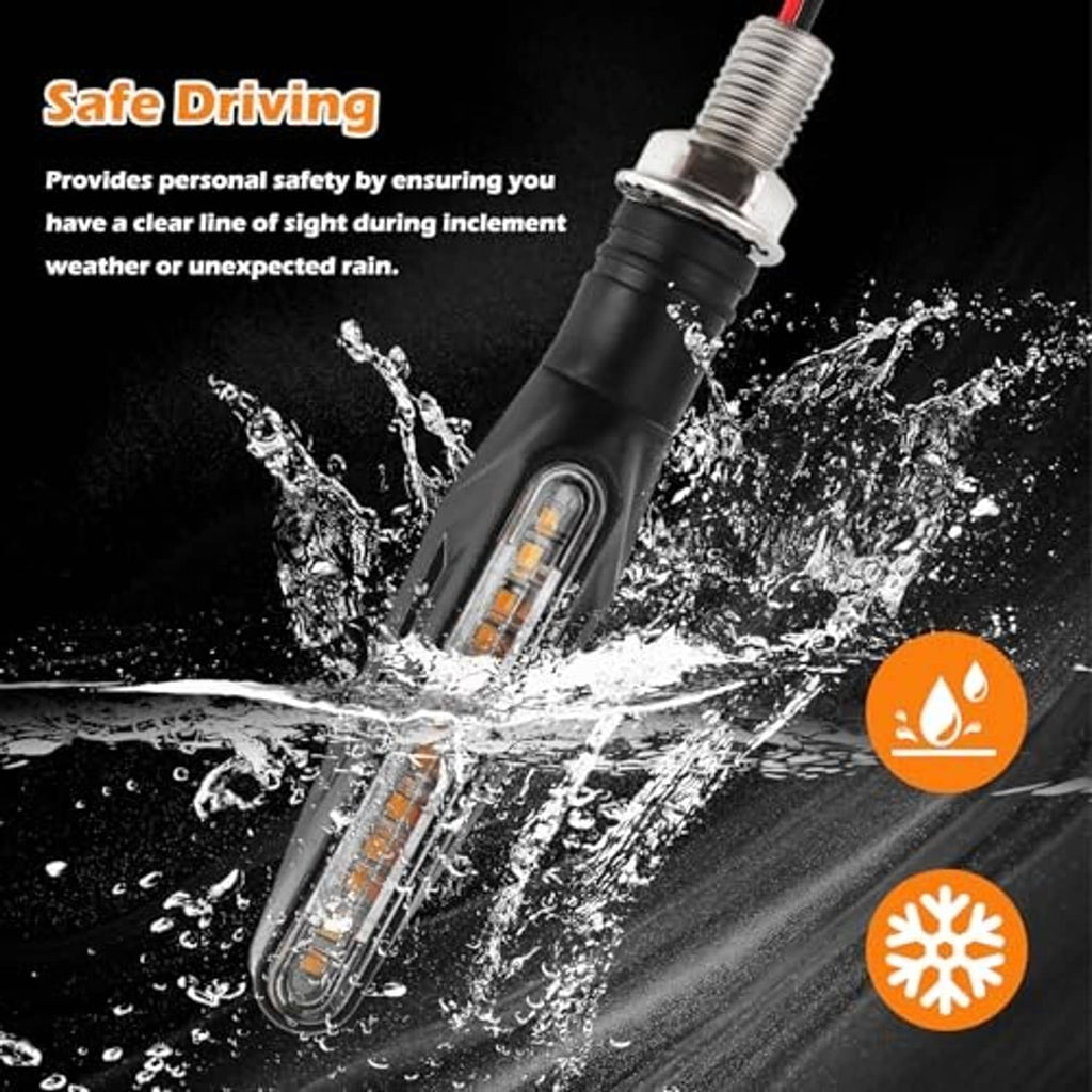 Water-resistant amber LED turn signal light with clear lens and black threaded housing