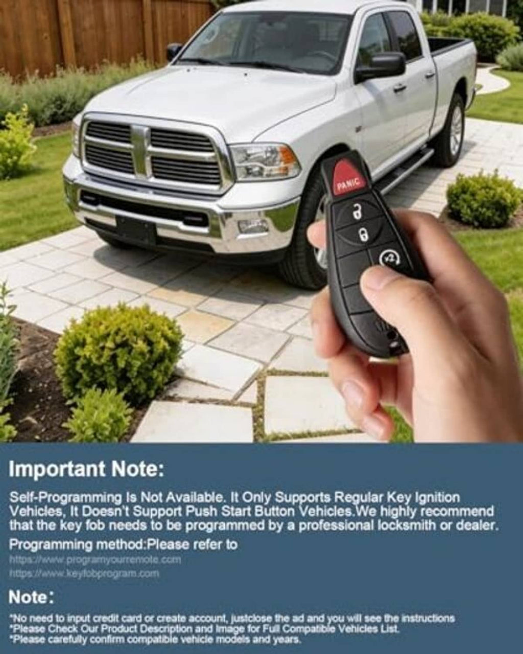 Black key fob with red PANIC button in hand near a pickup truck, lock/unlock buttons