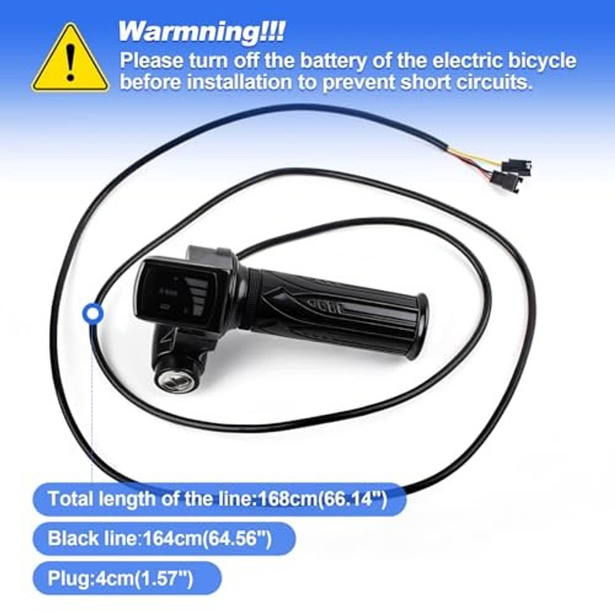 Black twist throttle grip with LCD display and attached cable harness