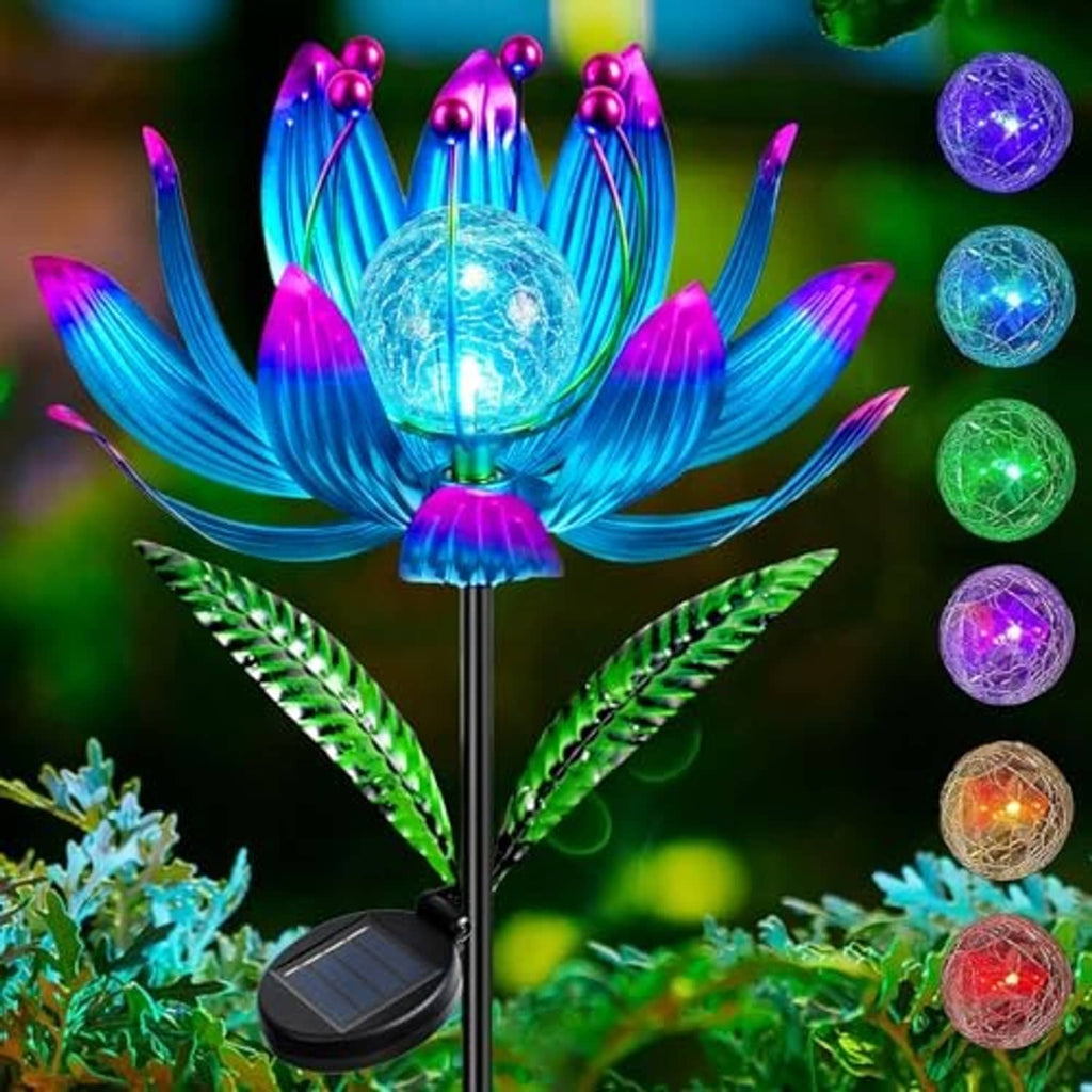 Solar wind spinner lotus with blue-purple petals and glowing crackle-glass globe, plus color bulbs