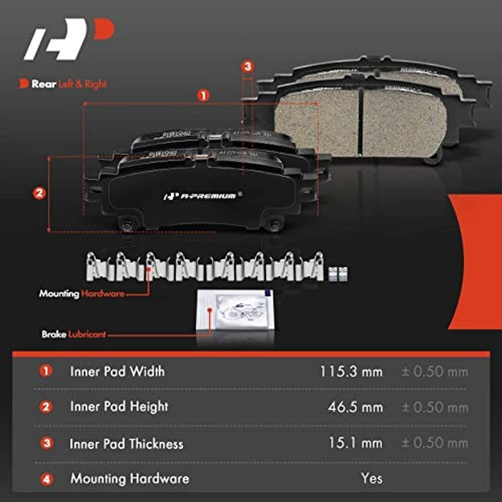 Rear brake pad set diagram with two pads, mounting hardware, and lubricant packet