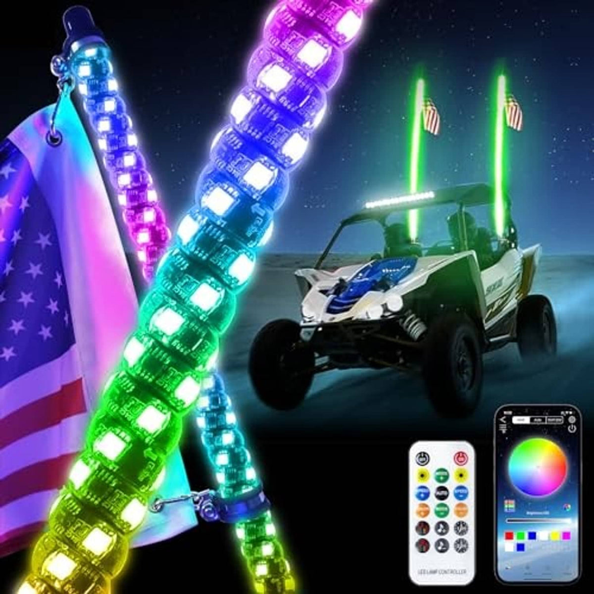 4 ft LED whip light pair with green, blue, and purple spiral LEDs and handheld remote