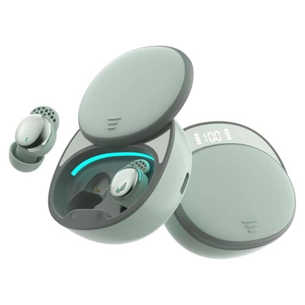 Mint green wireless sleep earbuds with open charging case and matching earbuds