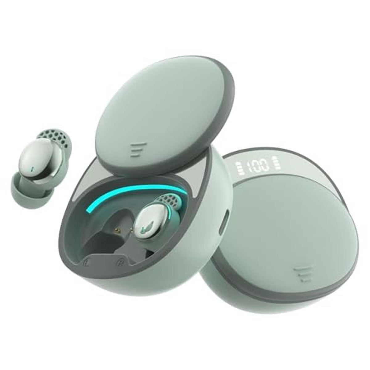 Mint green wireless sleep earbuds with open charging case and matching earbuds